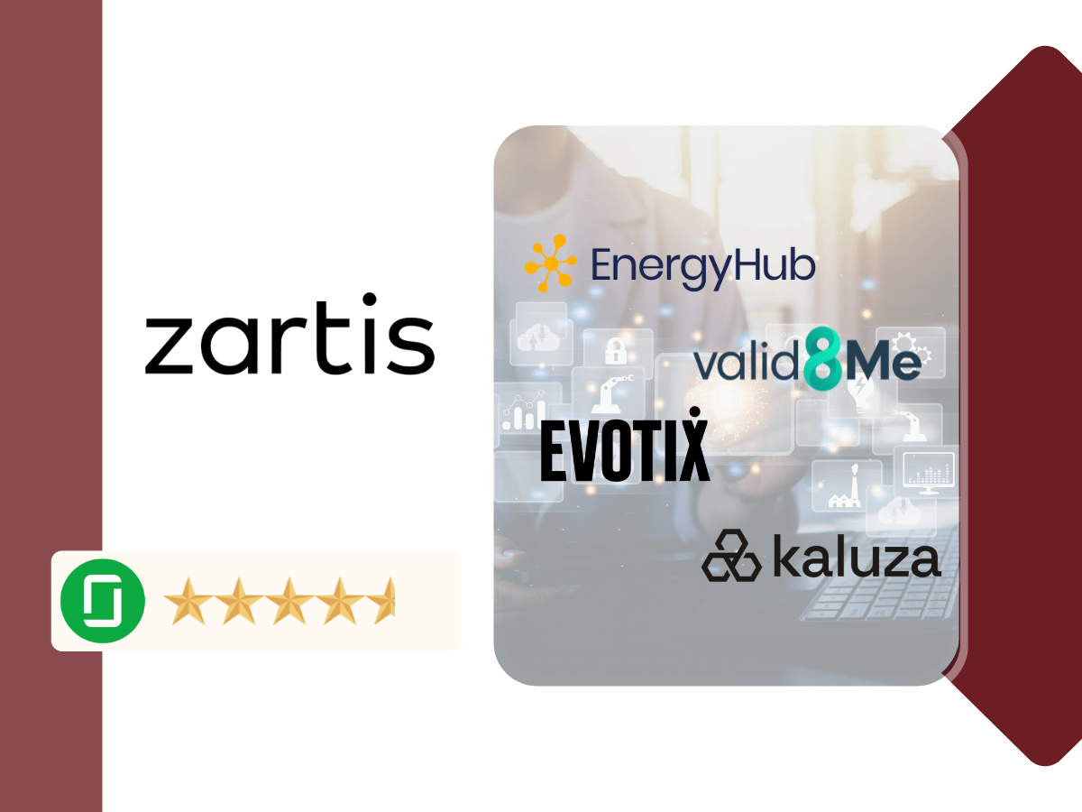 Zartis logo displayed with major client brands and a strong five-star rating, highlighting its dedicated and fractional software engineering teams.