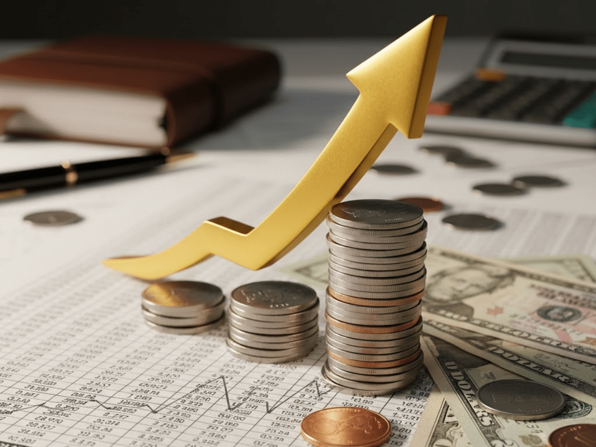 Financial documents, U.S. currency, and a rising gold arrow depicting improved sales, forecasting, and revenue operations supported by a fractional CRO."