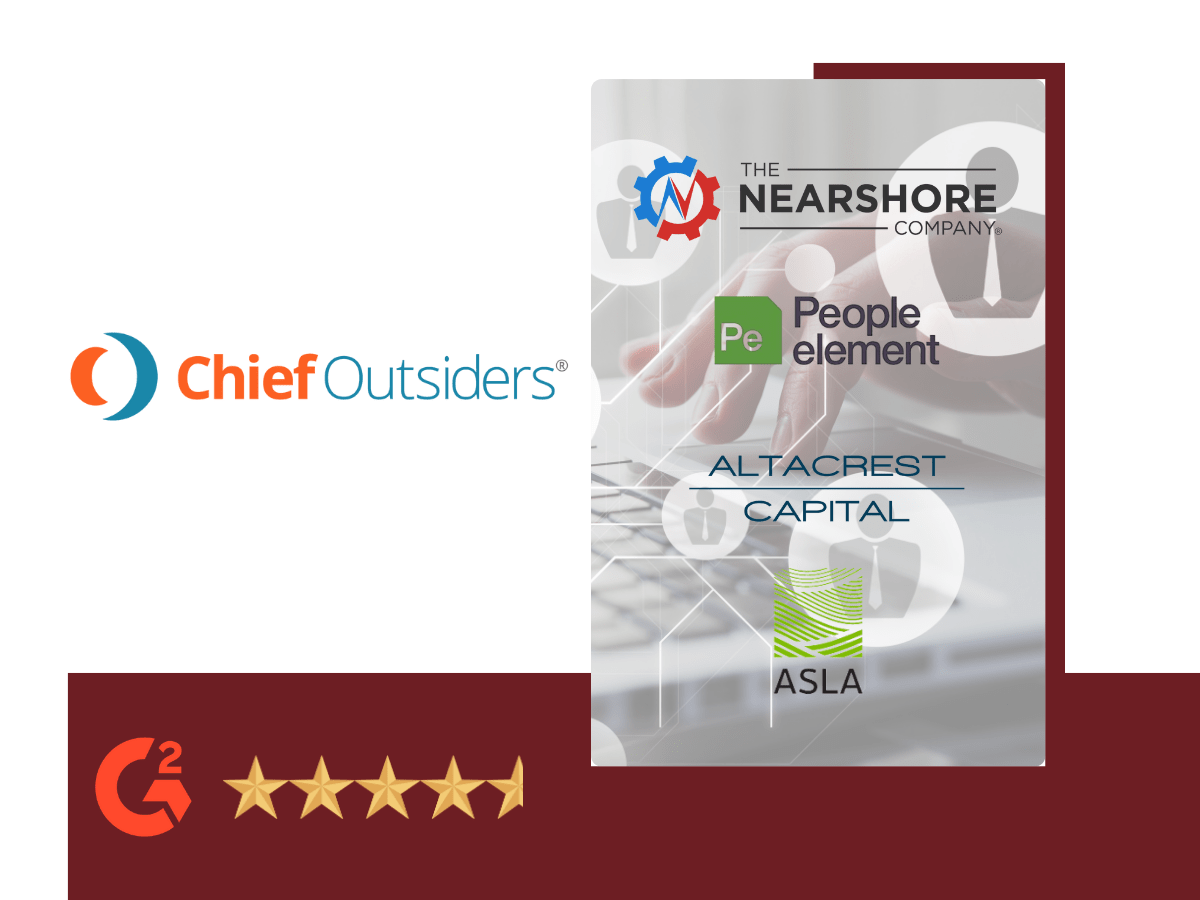 Chief Outsiders logo displayed with major client brands and a strong five-star rating, highlighting its fractional CMO and strategic marketing leadership services.