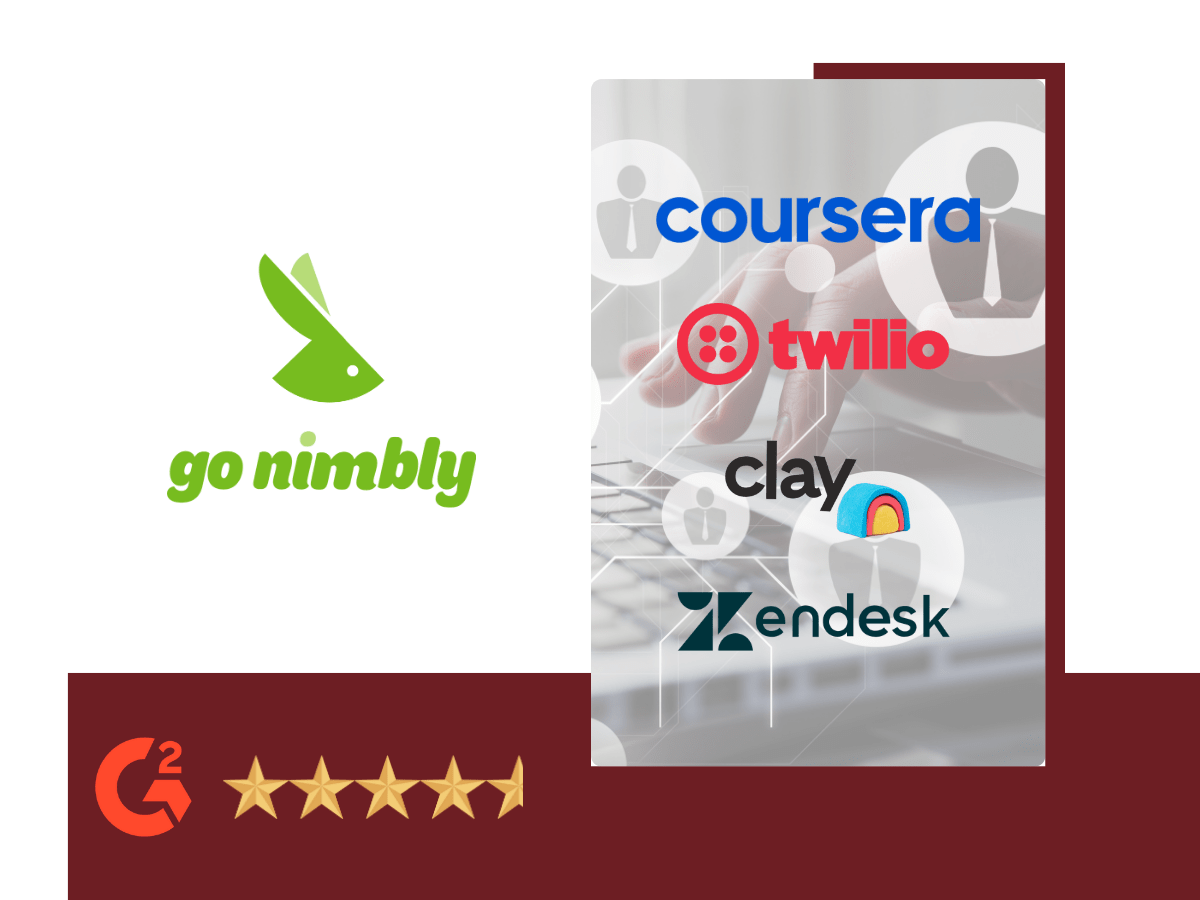 Go Nimbly logo shown with major enterprise client brands and a strong G2 rating, highlighting its RevOps, GTM alignment, and customer journey optimization services.