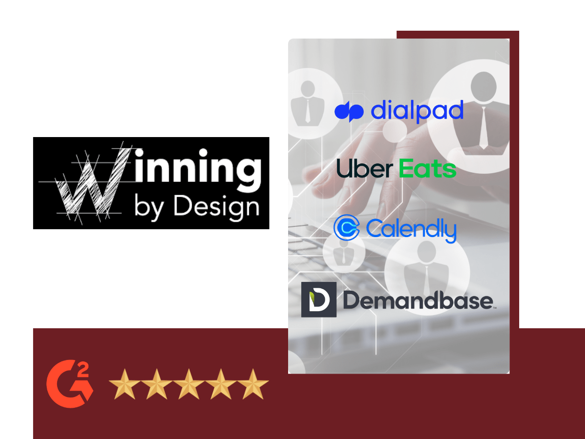 "Winning by Design featured with top client brands and a digital sales enablement backdrop, representing RevOps, GTM strategy, and customer-centric revenue growth services.