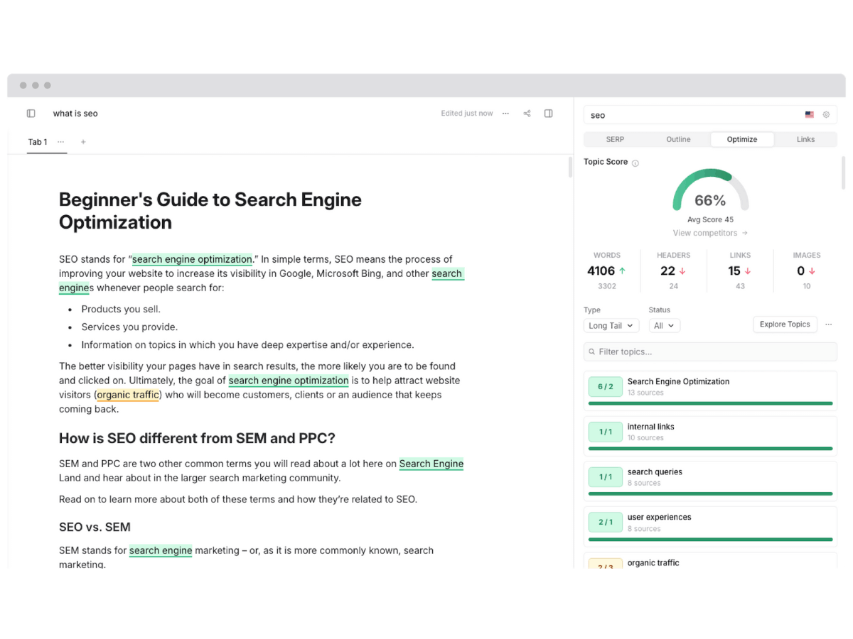 Frase content editor showing an SEO-optimized article draft with topic score, keyword suggestions, SERP insights, and content optimization metrics