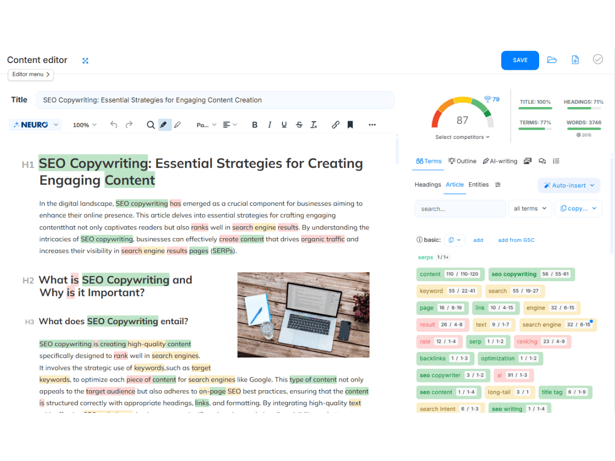 NeuronWriter content editor displaying an SEO copywriting article with content score, keyword optimization suggestions, SERP terms, and on-page SEO metrics