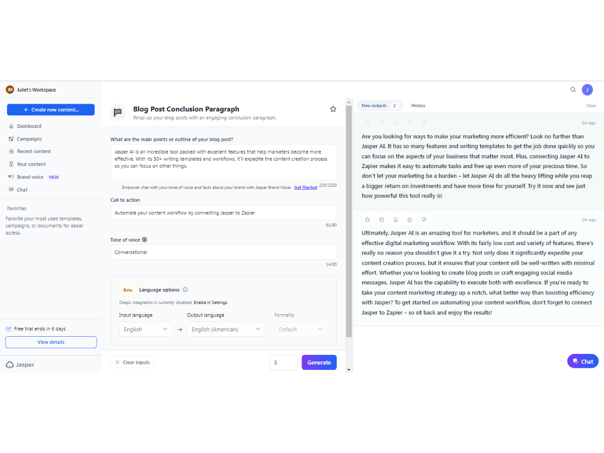 Jasper AI writing interface displaying a blog post conclusion generator with tone of voice settings, call-to-action input, and AI-generated content outputs