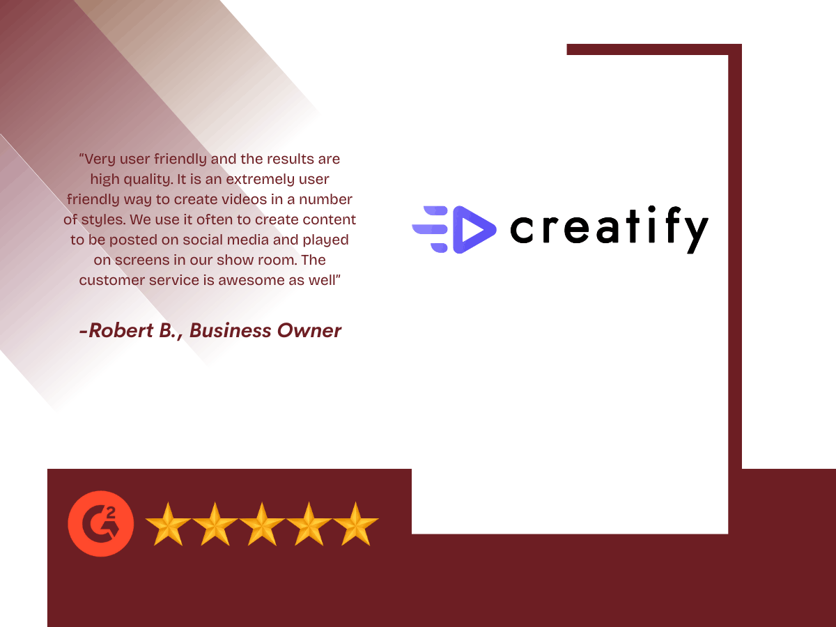 Creatify AI video creation tool showing a customer testimonial, brand logo, and five-star rating highlighting easy video creation for social media and digital displays