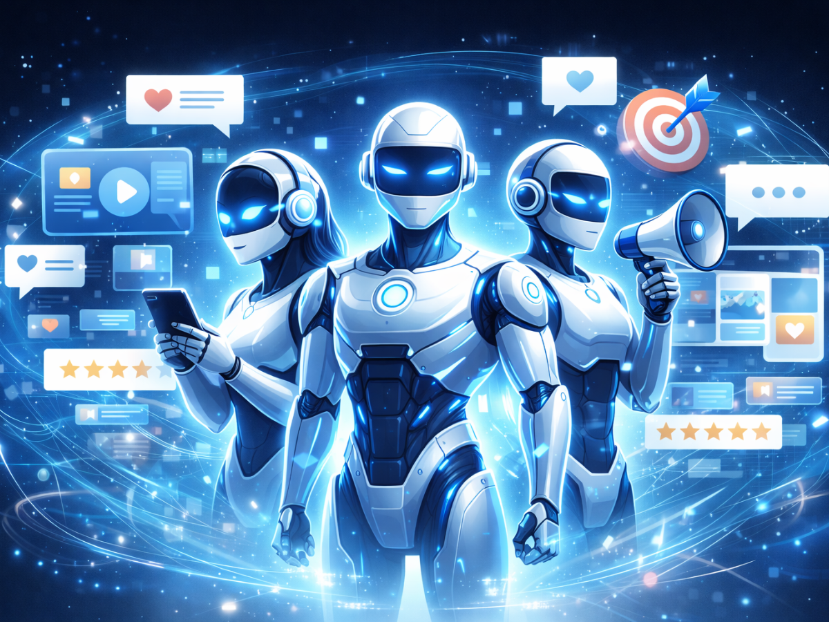 Illustration of AI agents managing digital marketing tasks, including content creation, social media engagement, reviews, targeting, and performance optimization