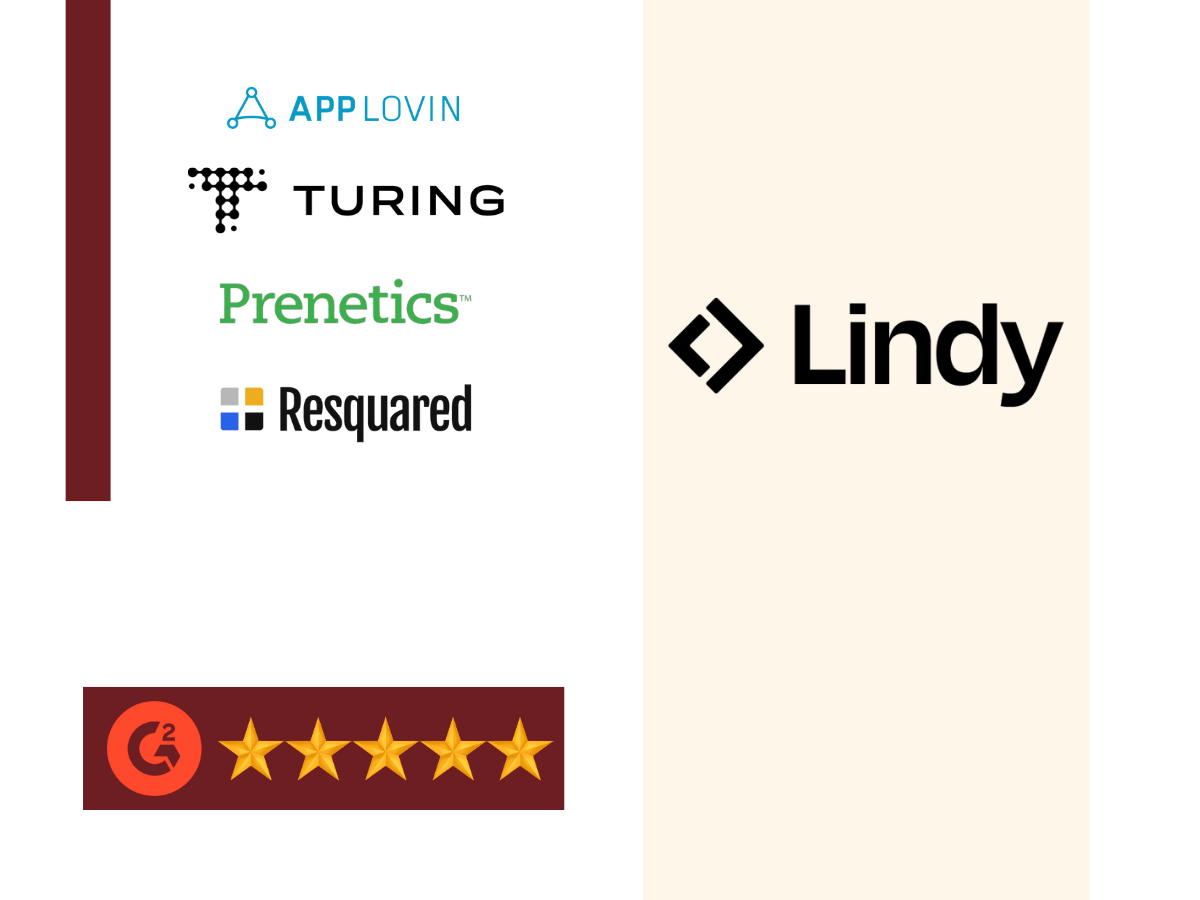Lindy AI logo displayed with other AI platforms, highlighting AI automation, workflow orchestration, and integration with tools like AppLovin, Turing, Prenetics, and Resquared