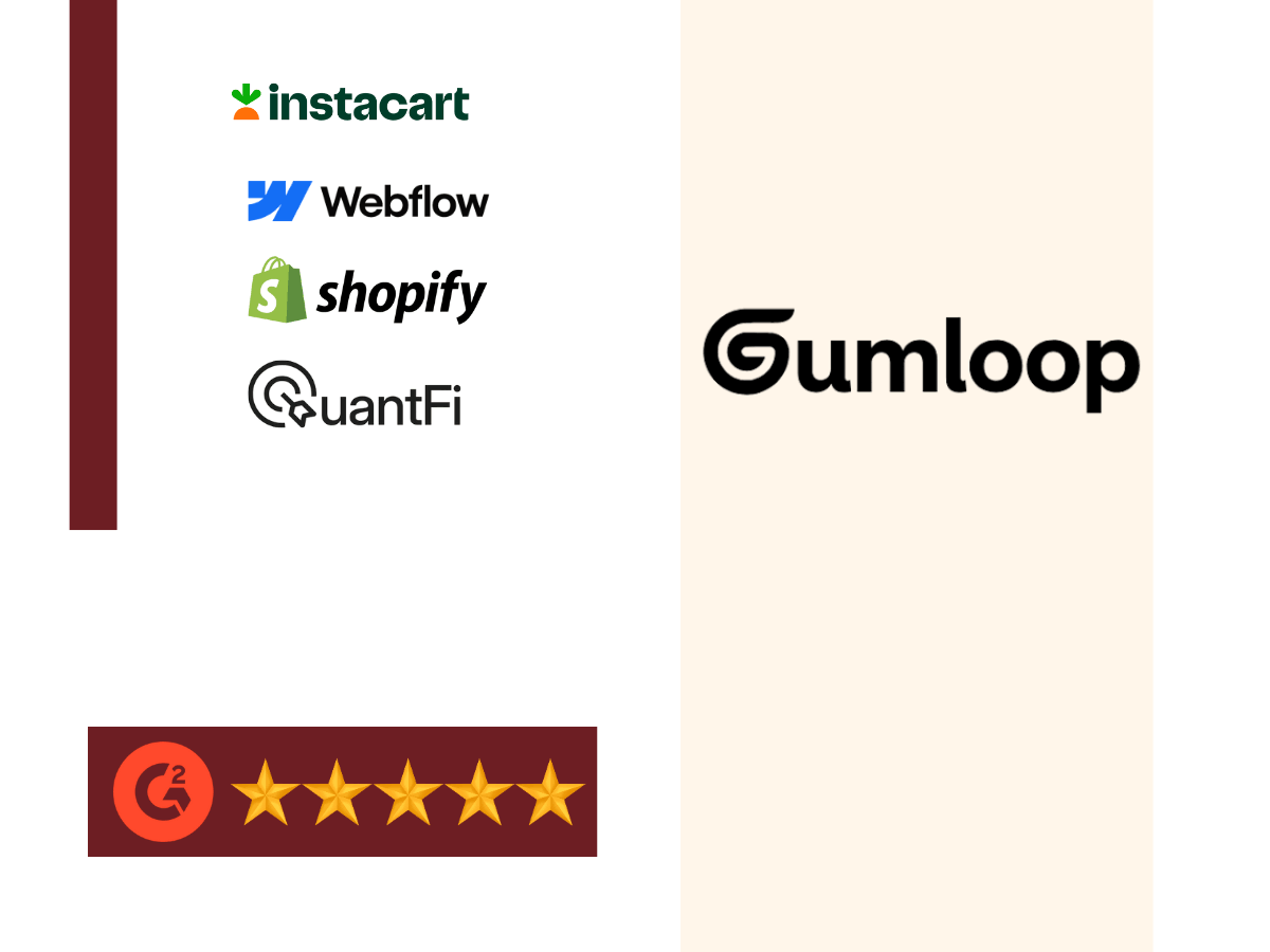 Gumloop AI automation platform logo shown alongside integrations like Instacart, Webflow, Shopify, and QuantFi, highlighting workflow automation and no-code integrations