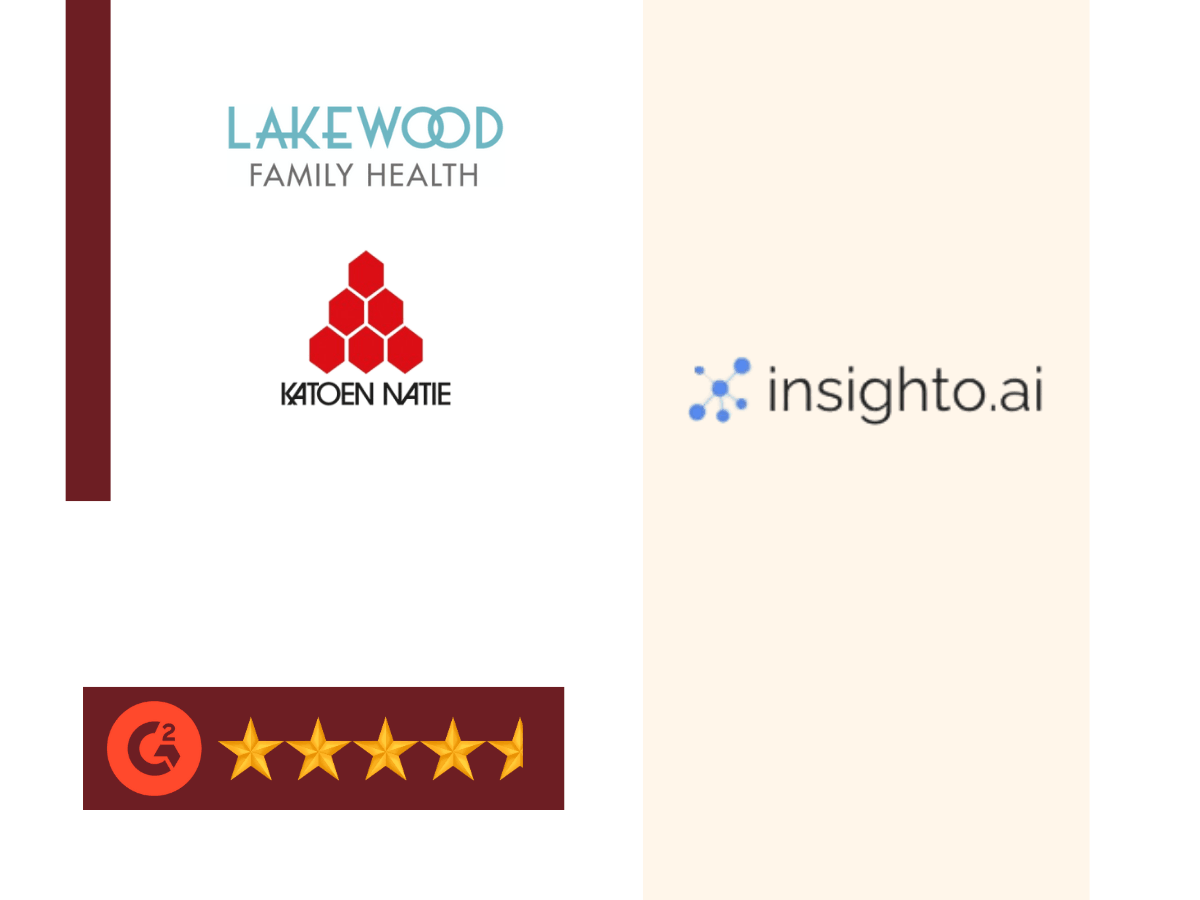 Insighto.ai logo displayed alongside client brands such as Lakewood Family Health and Katoen Natie, highlighting conversational AI agents for customer support and business automation