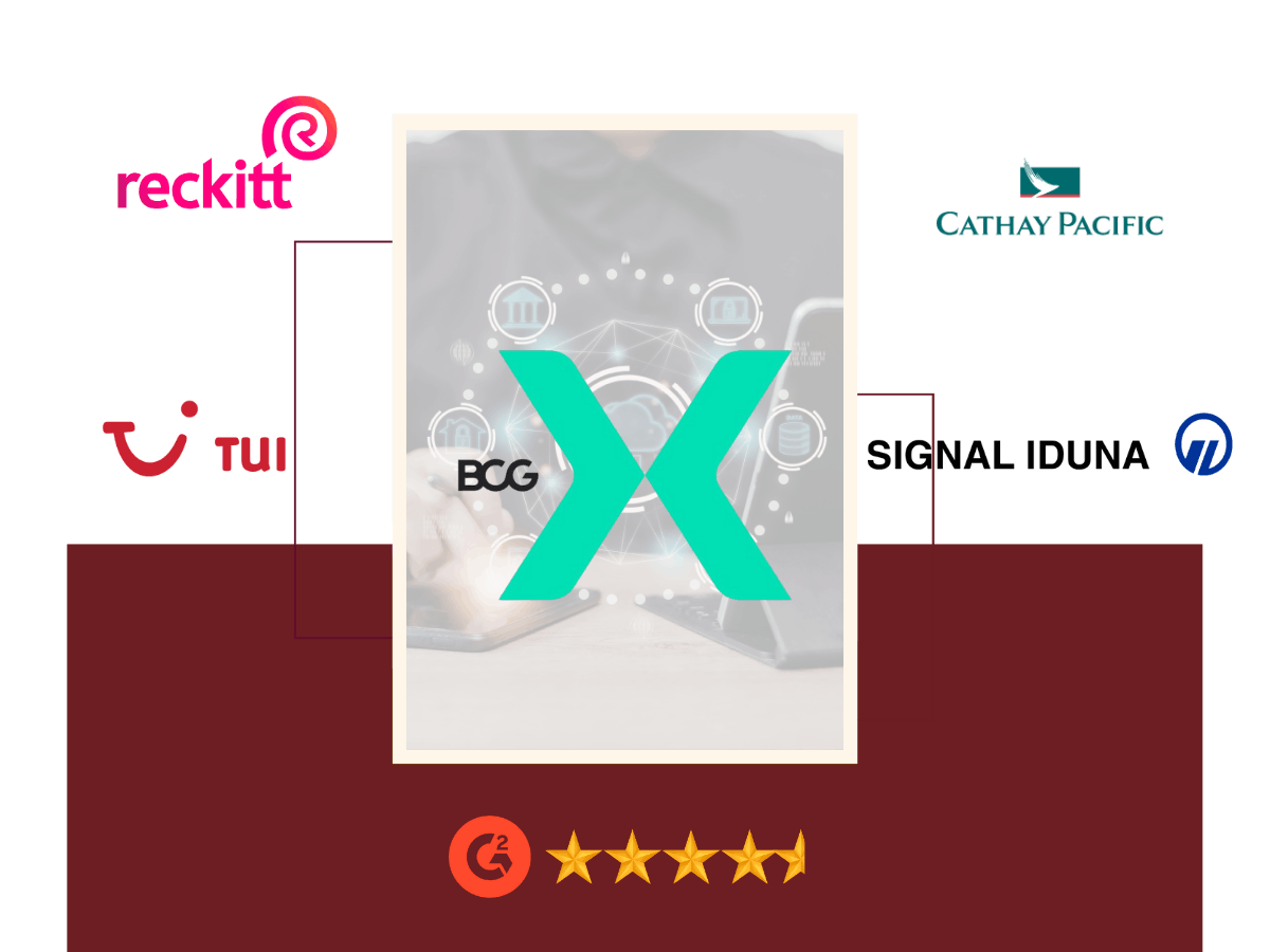 BCG X logo displayed with enterprise brands such as Reckitt, TUI, Cathay Pacific, and Signal Iduna, representing AI-driven digital transformation and advanced analytics consulting