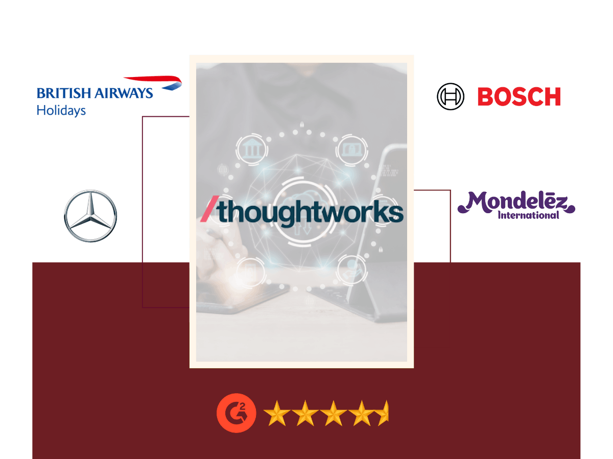 Thoughtworks logo displayed alongside enterprise brands including British Airways Holidays, Mercedes-Benz, Bosch, and Mondelēz International, representing digital transformation, data engineering, and AI consulting services