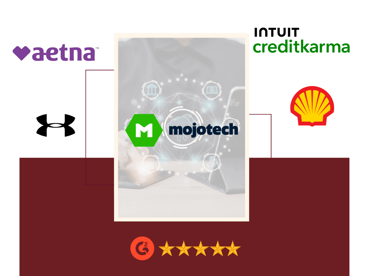 Mojotech logo displayed alongside enterprise brands including Aetna, Under Armour, Intuit Credit Karma, and Shell, representing custom software development, data engineering, and AI-driven digital solutions