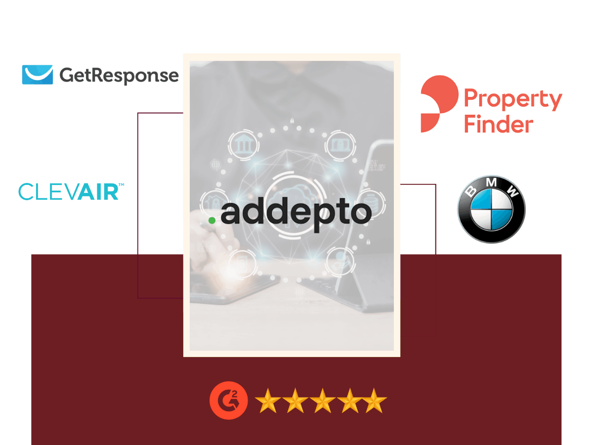 Addepto logo displayed alongside brands including BMW, GetResponse, Property Finder, and Clevair, representing AI consulting, machine learning solutions, and data-driven business transformation