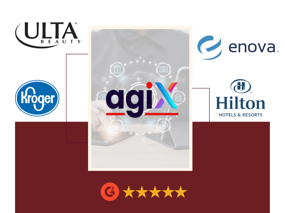 Agix Technologies logo displayed alongside brands including Ulta Beauty, Kroger, Hilton Hotels & Resorts, and Enova, representing enterprise AI consulting, data analytics, and scalable digital transformation solutions