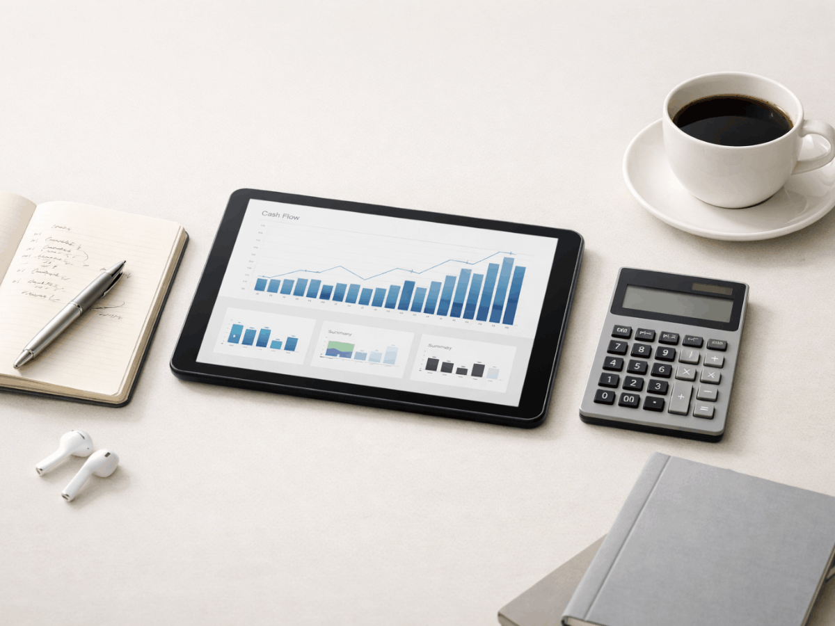 Tablet showing cash flow chart on a clean desk with calculator, notebook, and coffee