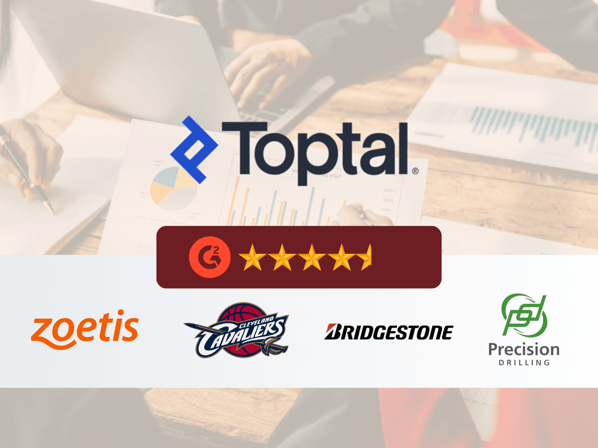 Toptal logo with five-star rating graphic and client logos including Zoetis, Bridgestone, and Cleveland Cavaliers