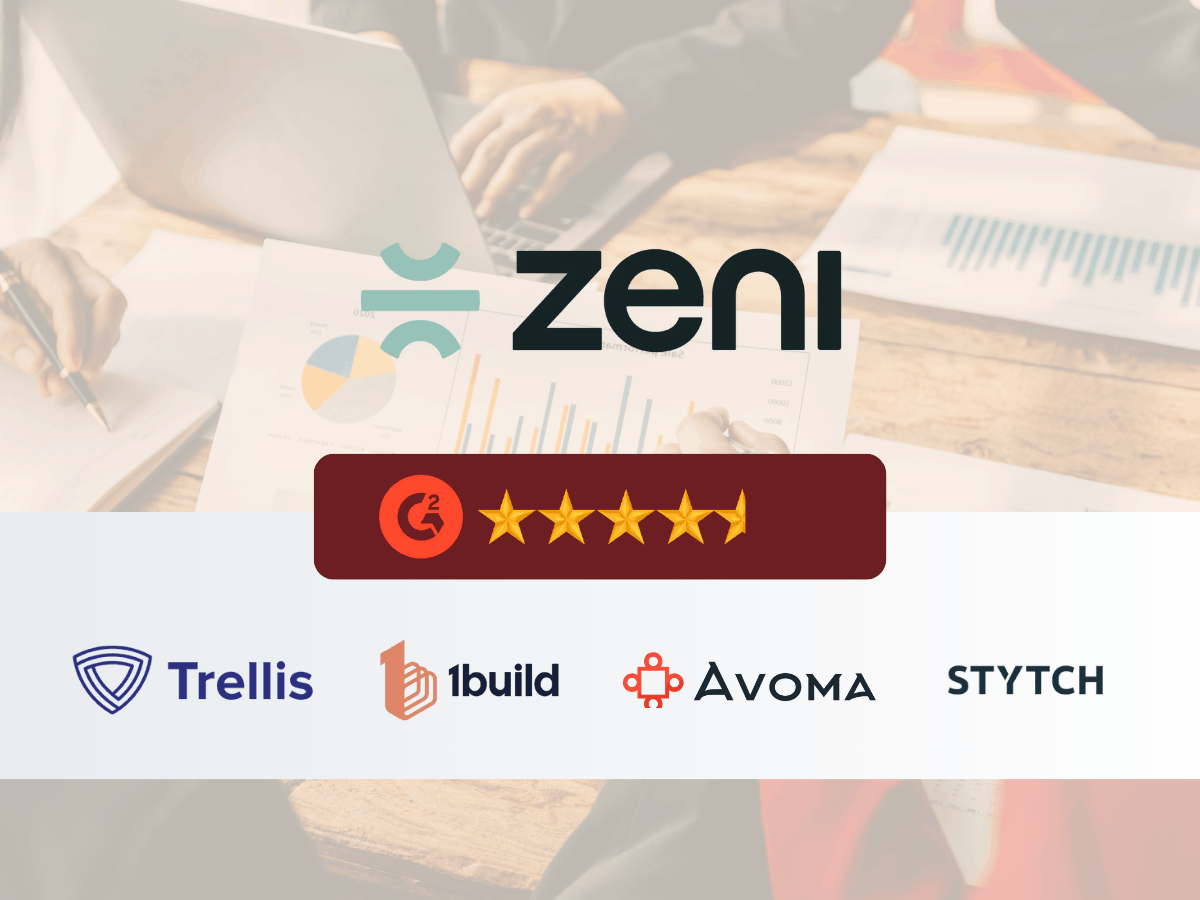 Zenl logo with five-star rating badge and customer logos including Trellis, 1build, Avoma, and Stytch