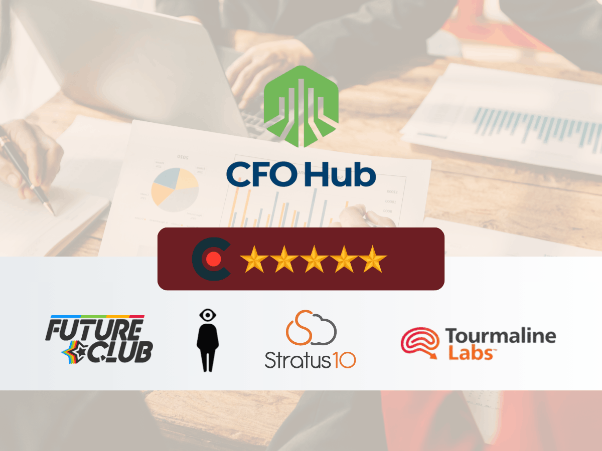 CFOHub logo with five-star rating badge and client logos including Future Club, Stratus10, and Tourmaline Labs