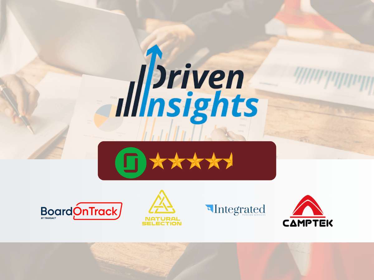 Driven Insights logo with five-star rating badge and client logos including BoardOnTrack, Natural Selection, Integrated, and CampTek
