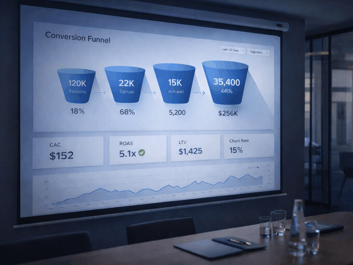 Projected conversion funnel dashboard showing CAC, ROAS, LTV, and churn rate in a dim boardroom