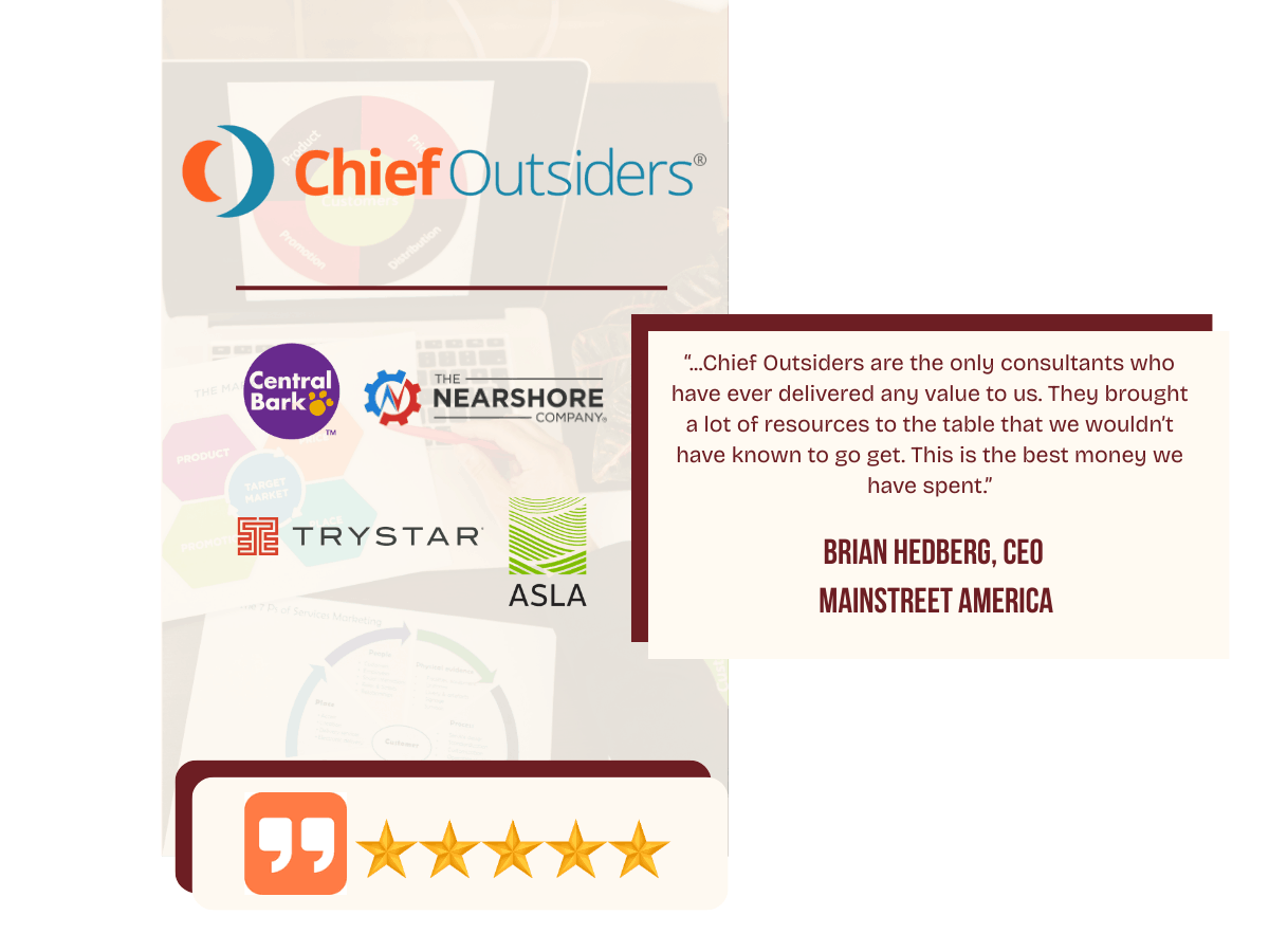 Chief Outsiders logo with five-star rating graphic, client logos, and a customer testimonial quote from a CEO
