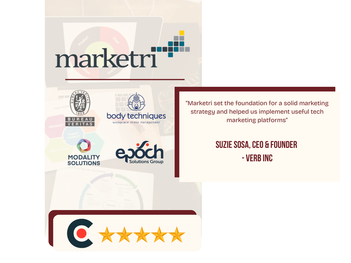 Marketri logo with five-star rating graphic, client logos, and customer testimonial quote from a CEO
