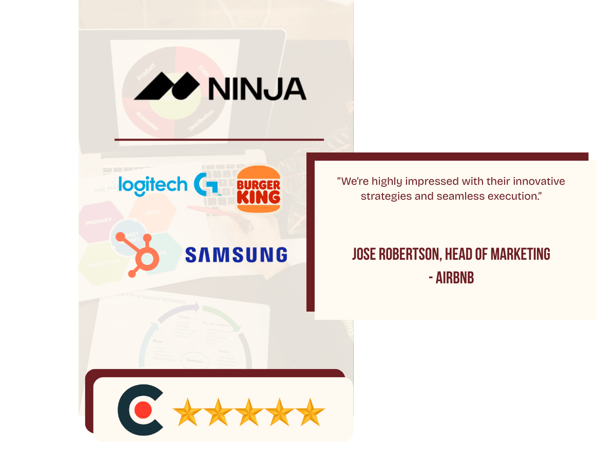 Ninja logo with five-star rating graphic, client logos (Logitech, Burger King, Samsung), and a testimonial quote from Airbnb marketing lead
