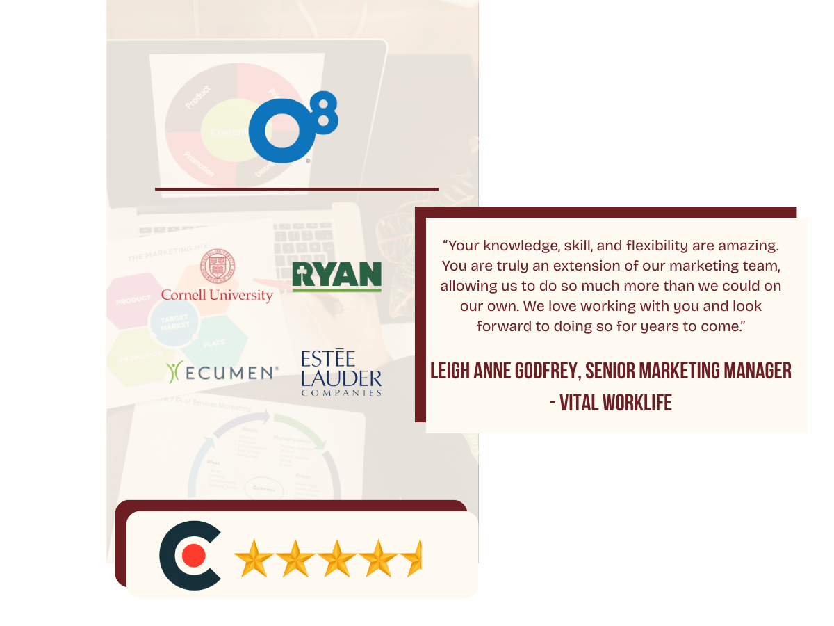 O8 logo with five-star rating graphic, client logos, and customer testimonial quote from Vital WorkLife marketing manager