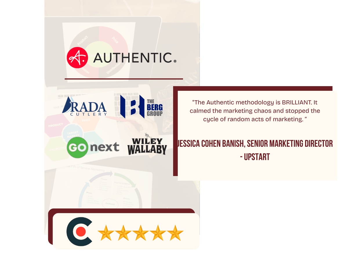 Authentic logo with five-star rating graphic, client logos, and customer testimonial quote from a senior marketing director