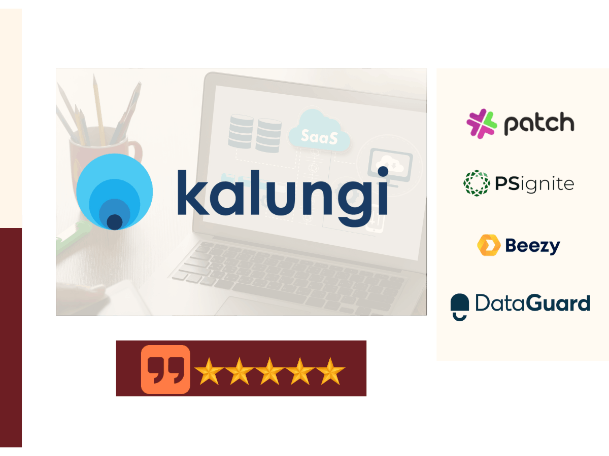 Kalungi logo with five-star rating graphic and client logos including Patch, PSignite, Beezy, and DataGuard