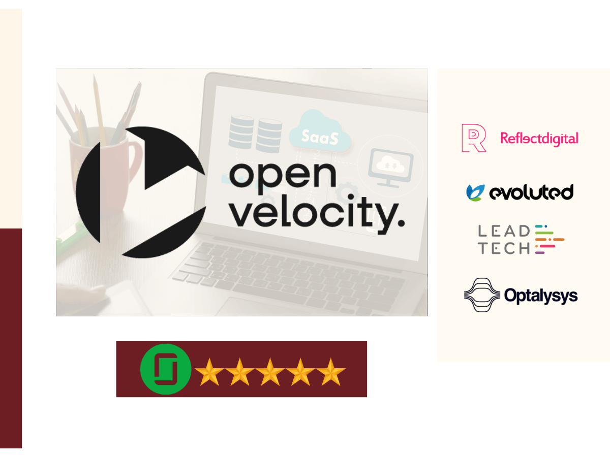 Open Velocity logo with five-star rating graphic and client logos including Reflect Digital, Evoluted, Lead Tech, and Optalysys