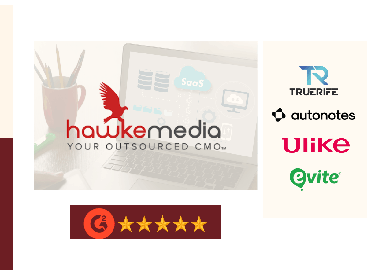 Hawke Media logo with G2 five-star rating graphic and client logos including TrueRife, Autonotes, Ulike, and Evite