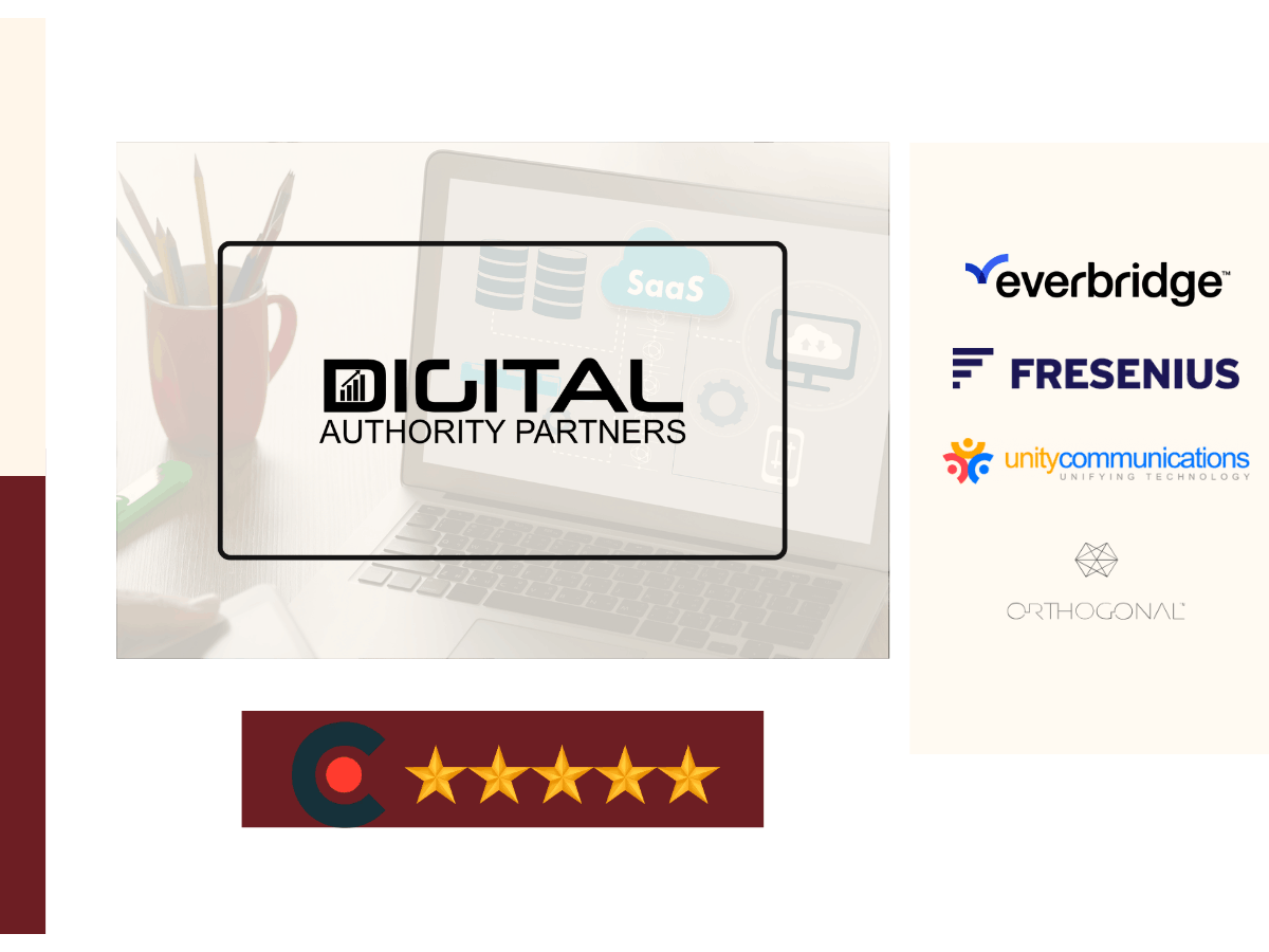Digital Authority Partners logo with five-star rating graphic and client logos including Everbridge, Fresenius, Unity Communications, and Orthogonal