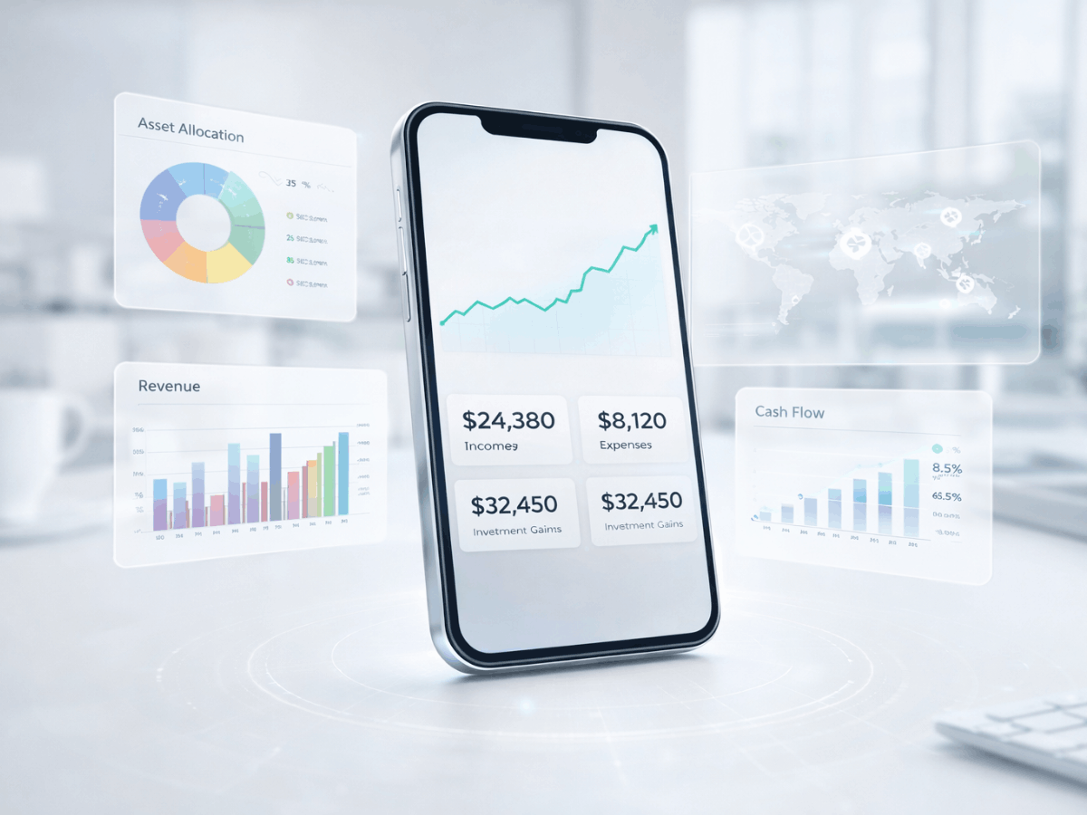 Smartphone displaying a rising growth chart with floating business analytics panels for asset allocation, revenue, and cash flow