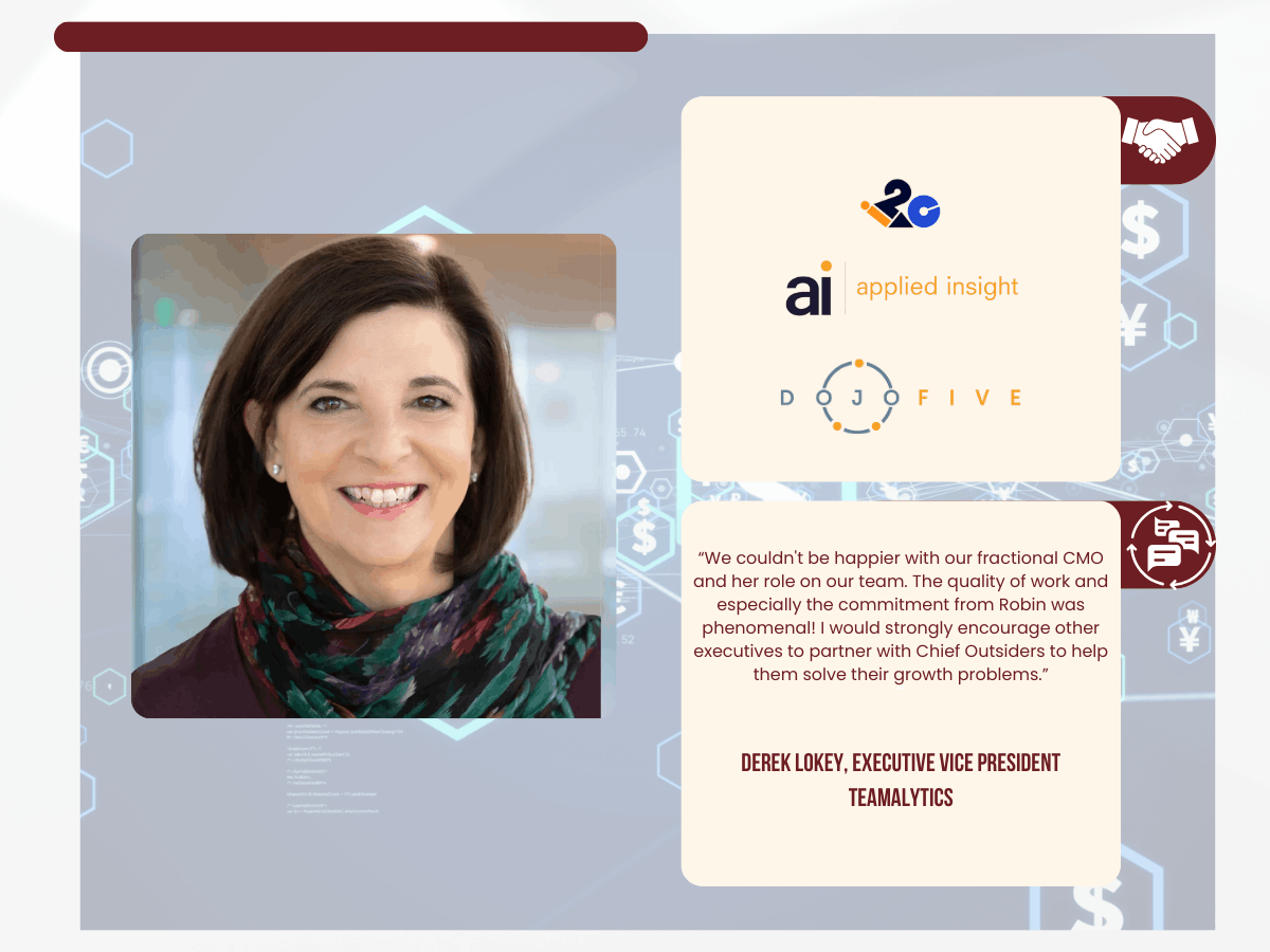 Professional headshot of a woman alongside a fractional CMO testimonial quote and client logos including Applied Insight and DoFive