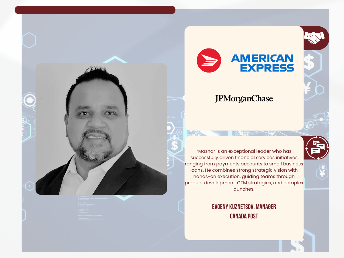 Black-and-white professional headshot of a man next to a testimonial quote with American Express and JPMorgan Chase logos
