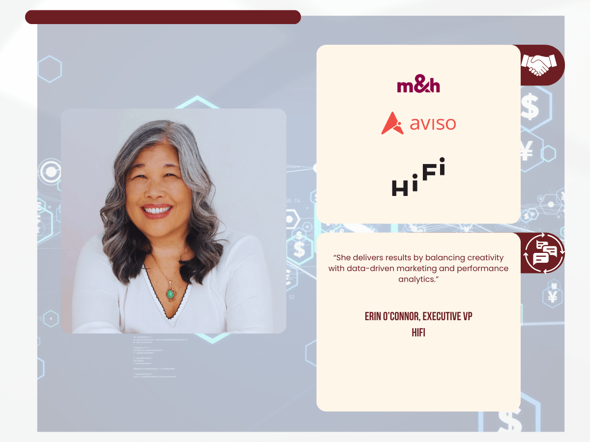 Smiling executive headshot beside a testimonial quote about balancing creativity with data-driven marketing and performance analytics