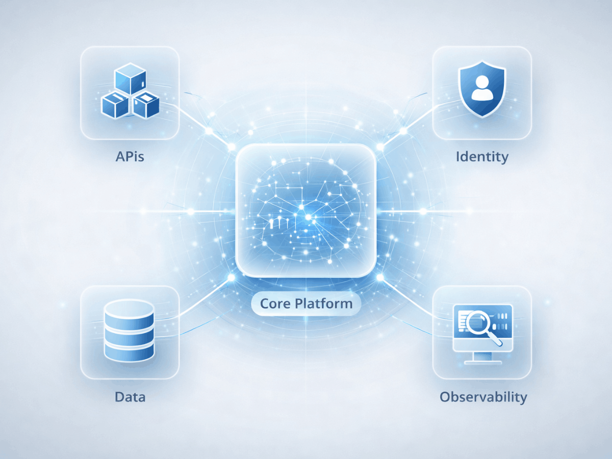 Blue core platform architecture graphic with connected modules for APIs, data, identity, and observability