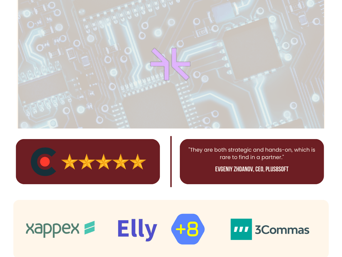 Plus8Soft testimonial graphic showing a five-star rating, customer quote, and logos including Xappex, Elly, +8, and 3Commas
