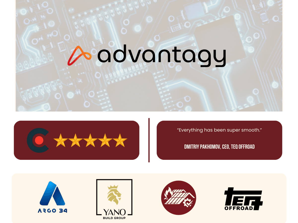 Advantagy testimonial graphic showing a five-star rating, customer quote, and client logos including Argo 34, Yano Build Group, and TEQ Offroad