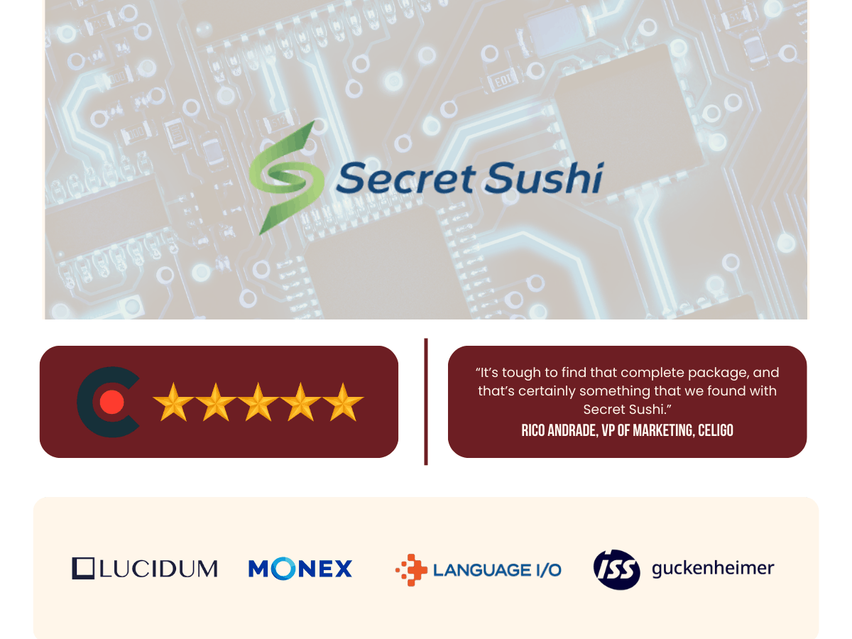 Secret Sushi testimonial graphic showing a five-star rating, customer quote, and client logos including Lucidum, Monex, Language I/O, and ISS Guckenheimer