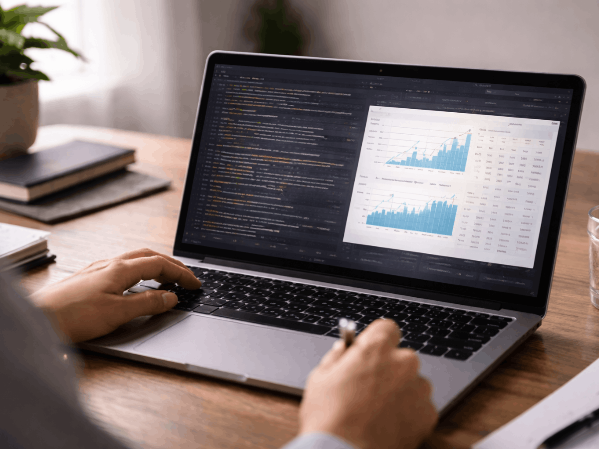 Person analyzing machine learning model performance on a laptop with code editor and analytics dashboard showing charts and data trends
