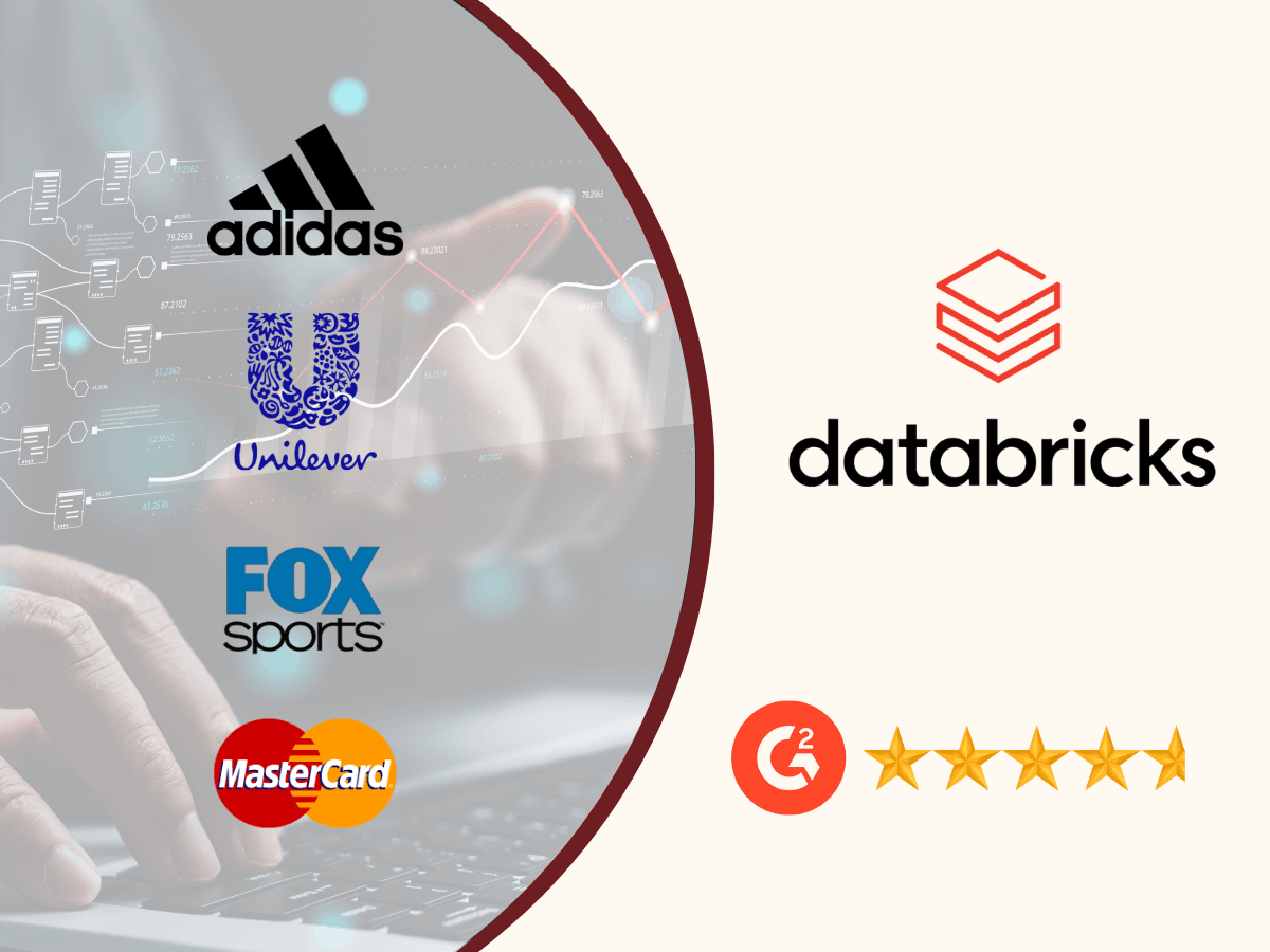 Databricks platform with client logos including Adidas Unilever Fox Sports and Mastercard representing data engineering machine learning analytics and AI observability use cases