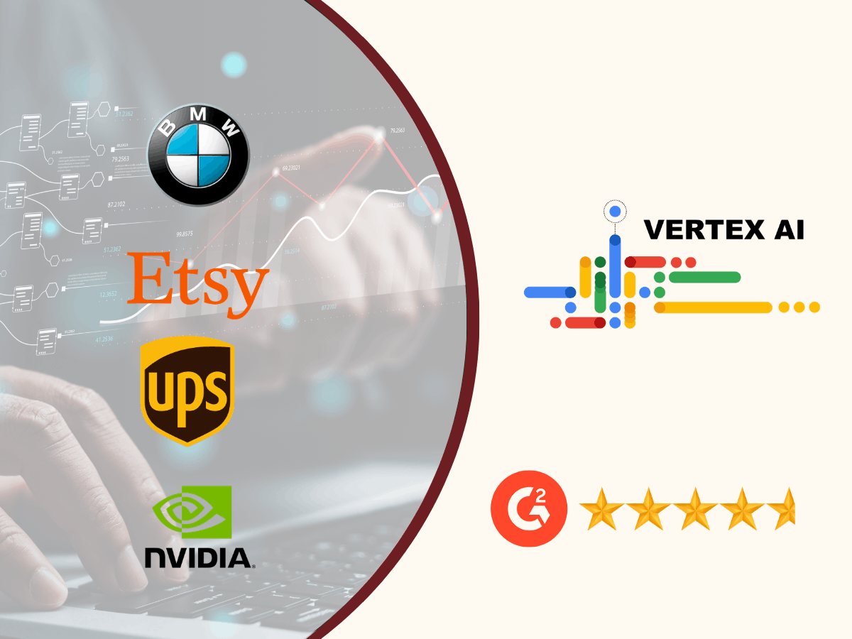 Vertex AI platform with client logos including BMW Etsy UPS and NVIDIA representing machine learning deployment model monitoring and AI observability across enterprise use cases