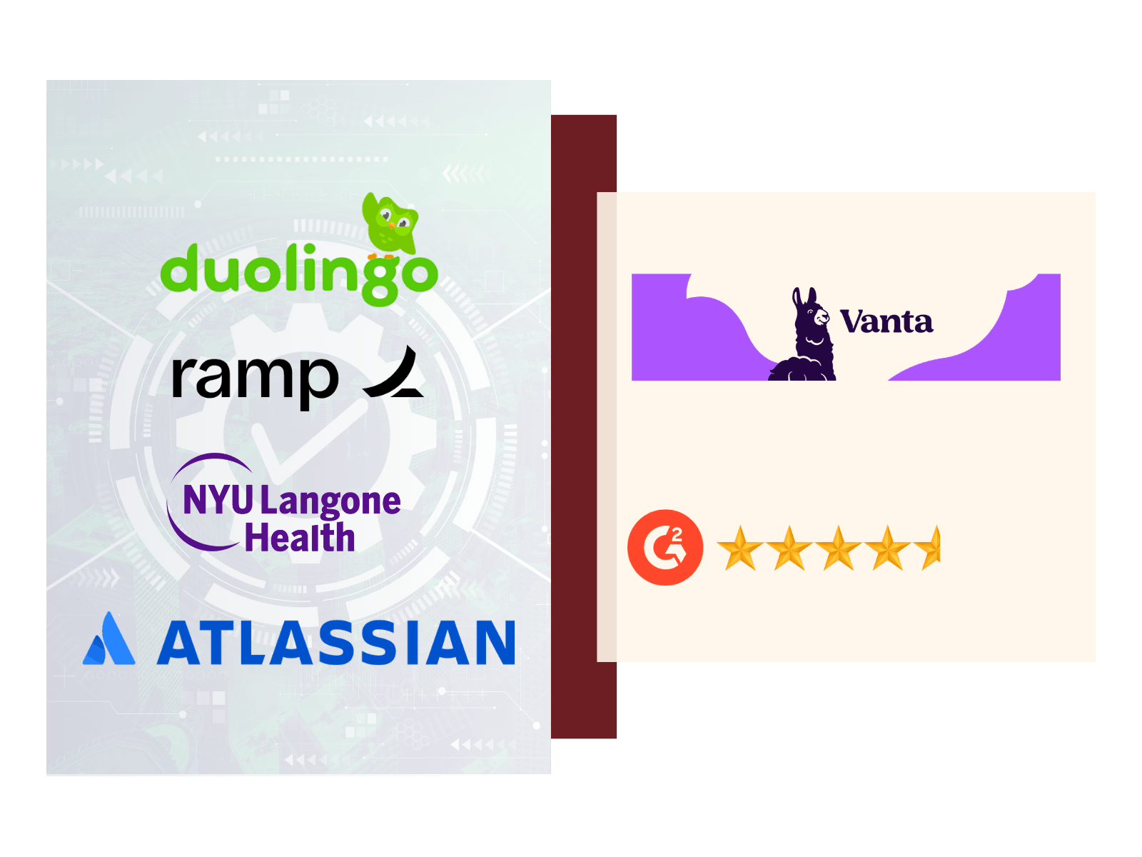 Vanta logo with G2 rating and customer logos including Duolingo, Ramp, NYU Langone Health, and Atlassian showing compliance automation platform use cases