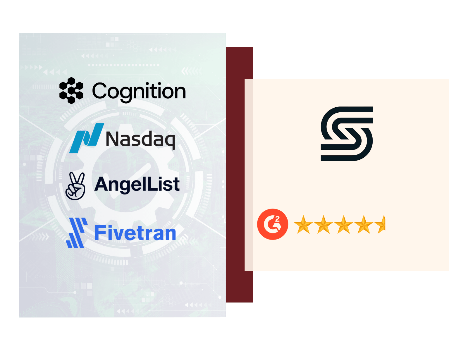 Secureframe logo with G2 rating and customer logos including Cognition, Nasdaq, AngelList, and Fivetran showing compliance automation platform use cases
