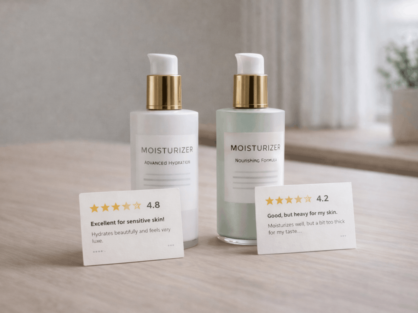 Two moisturizer products displayed side by side with customer review cards showing ratings of 4.8 and 4.2 stars, demonstrating how online reviews and customer feedback directly influence purchasing decisions and brand online reputation management