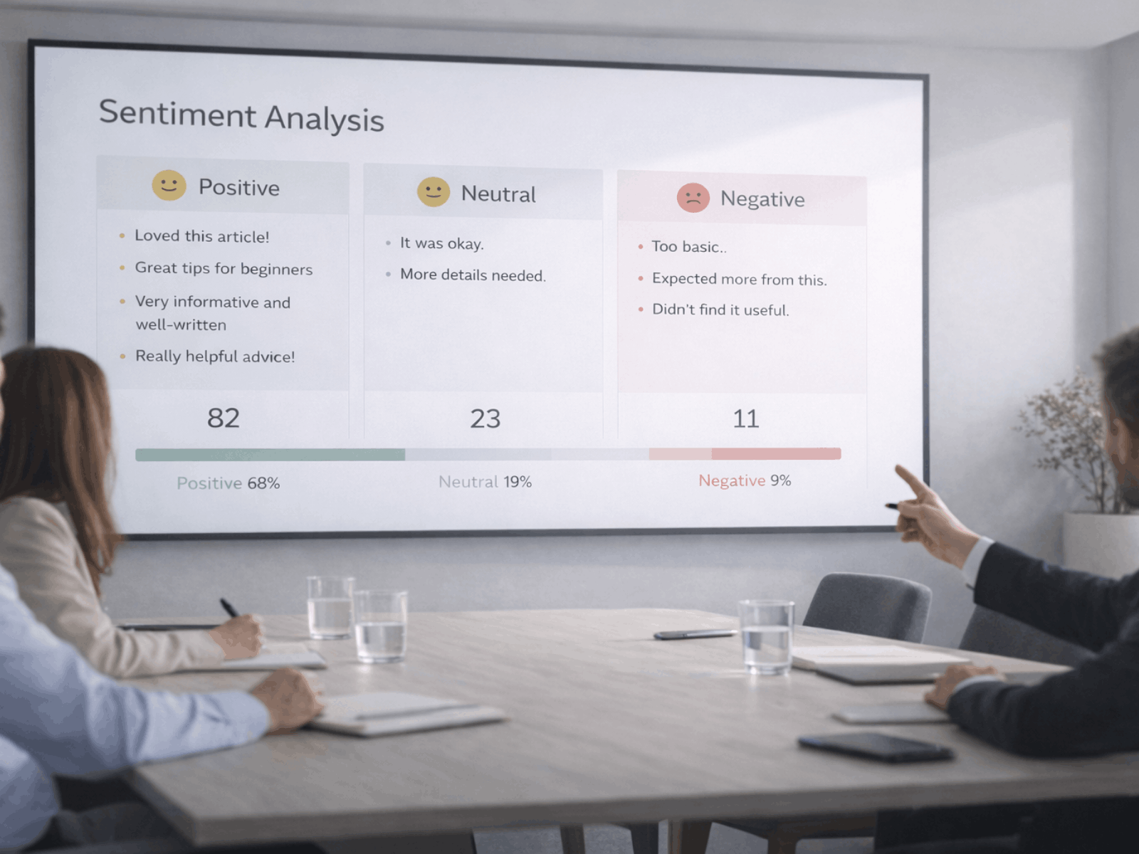 A brand team in a meeting reviewing a sentiment analysis presentation showing 68% positive, 19% neutral, and 9% negative customer feedback across 116 total responses, illustrating how sentiment data should guide online reputation management strategy and content decisions