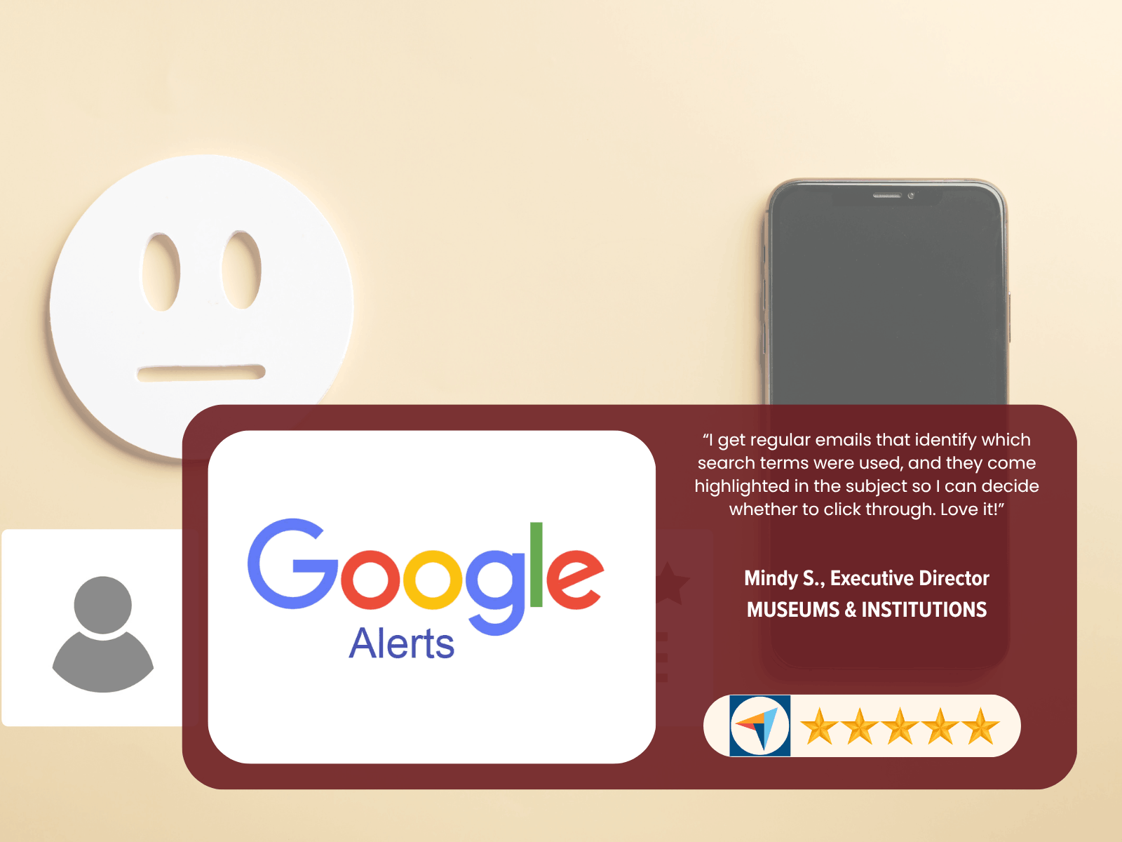 Google Alerts online reputation management software rated 5 stars, with a customer testimonial from Mindy S., Executive Director at Museums and Institutions, praising the tool's ability to send regular emails identifying search terms used to find her brand, making it easy to decide which mentions to click through and review.