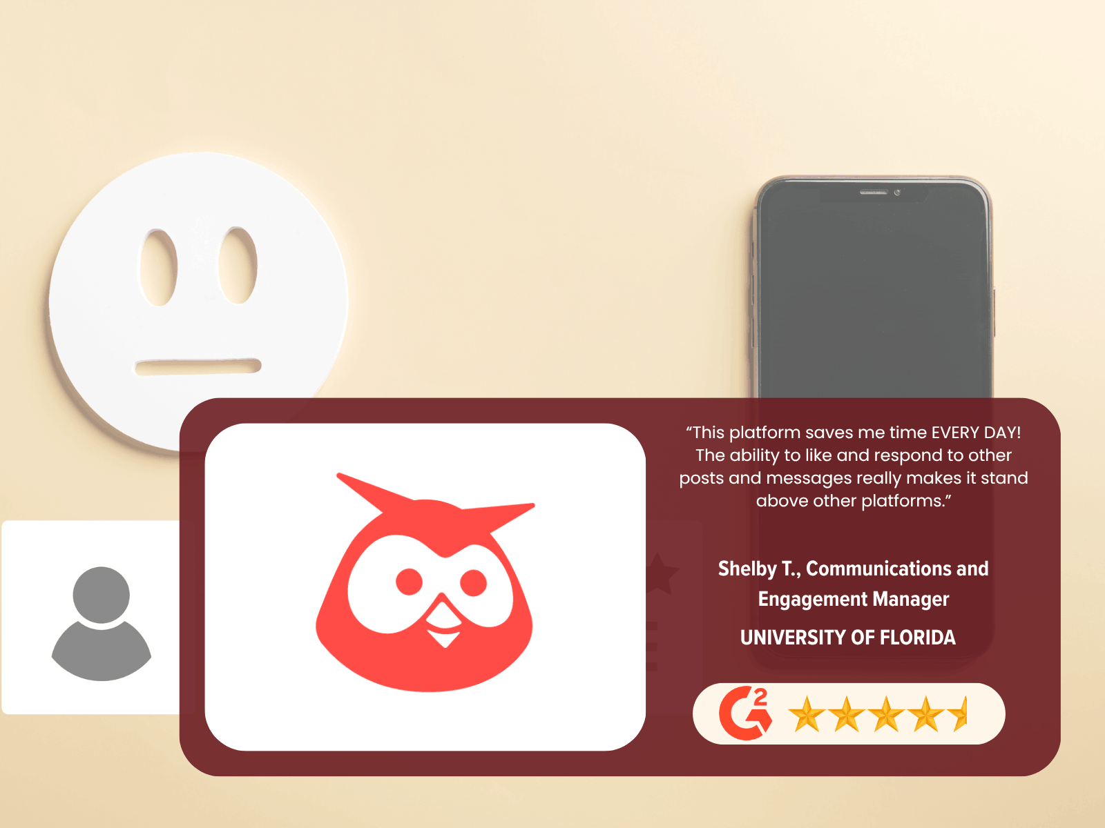 Hootsuite online reputation management software rated 4.5 stars on G2, with a customer testimonial from Shelby T., Communications and Engagement Manager at University of Florida, praising the platform's time-saving ability to like, respond to posts, and manage messages across social channels from one place.